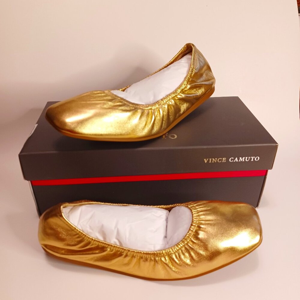New Vince Camuto Gold Leather Ballet Slippers Shoes